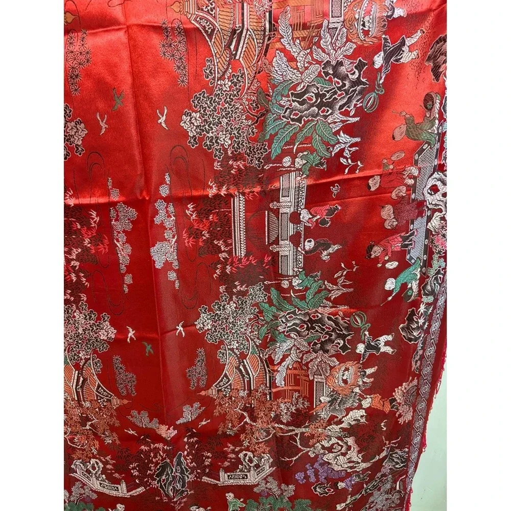 Vintage Chinese Red Silk Brocade Tapestry Bedspread Pagoda Scene Fringe 53x77